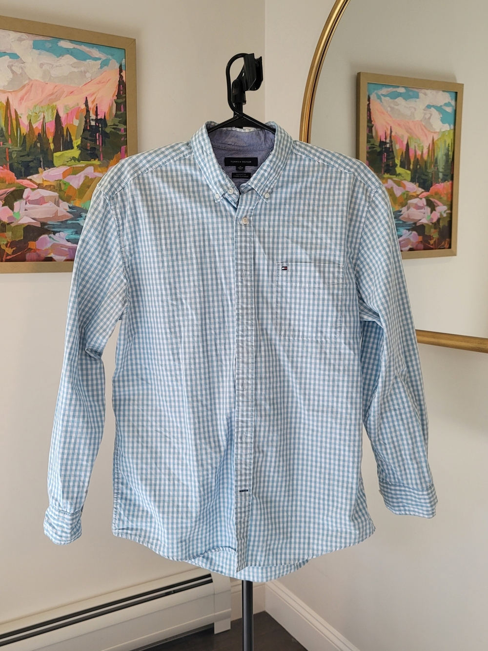 TOMMY HILFIGER Classic Fit Gingham Check Button Down Shirt Blue Preppy Size XL
